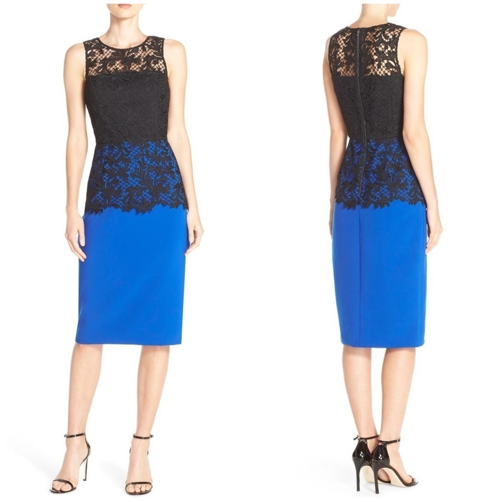 New!Sachin & Babi Noir Carolina Lace Overlay Sheath Black & Blue Midi Dress💙4,10 - Picture 1 of 13